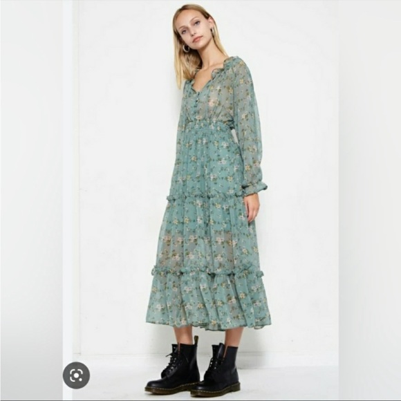 Senlis | Saint Helene Sage Green Tiered Long Sleeve Ruffle Dress (French… - Picture 1 of 14
